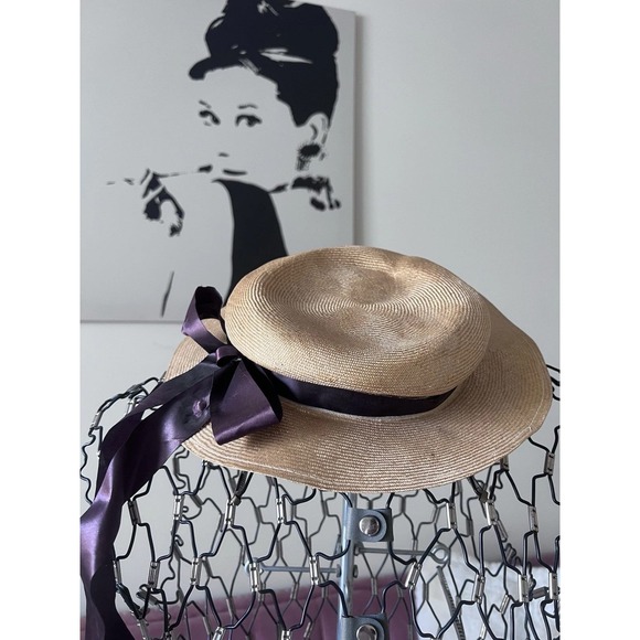 Vintage Woven Straw Boater Hat Purple Satin Ribbon Bow Kentucky Derby Sun Hat